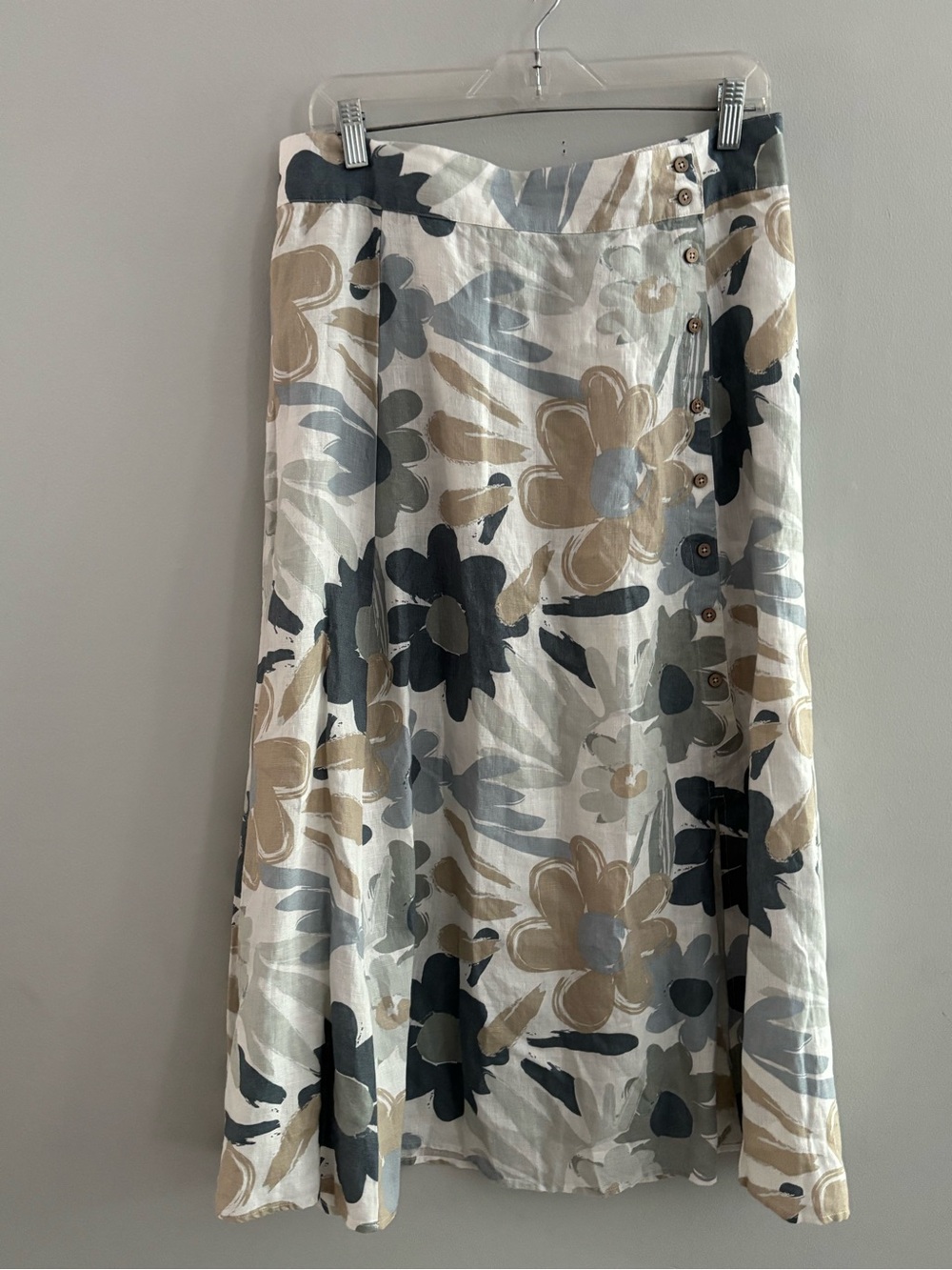 Charlie B 100% Linen Abstract Floral A-Line Midi Skirt Size 12 Button Front